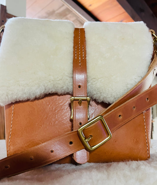 Eggli Shearling and Leather Messenger Tote w/Matching Adjustable 1" Strap w/Bridle Buckle. All Shiny Solid Brass.