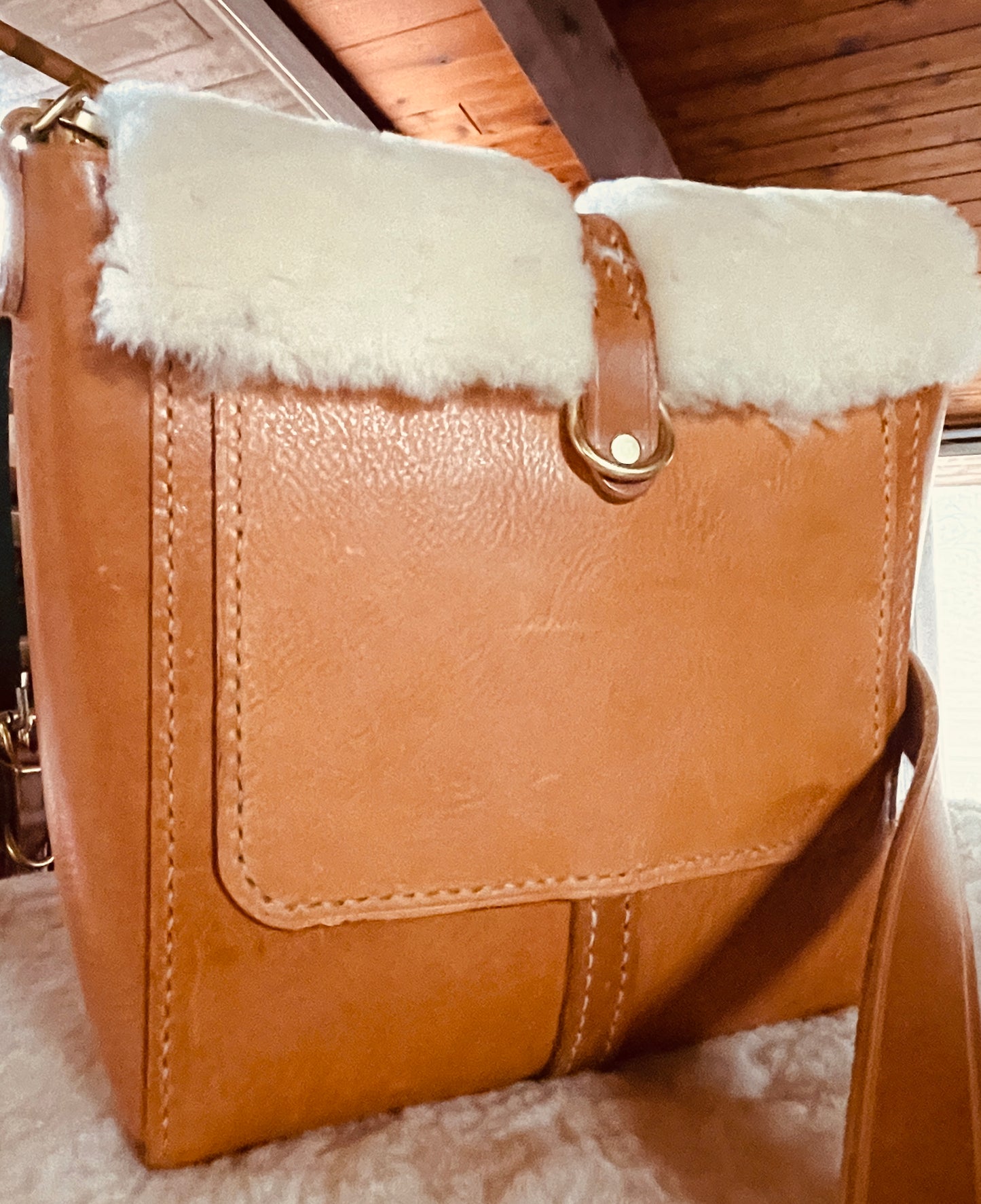 Eggli Shearling and Leather Messenger Tote w/Matching Adjustable 1" Strap w/Bridle Buckle. All Shiny Solid Brass.