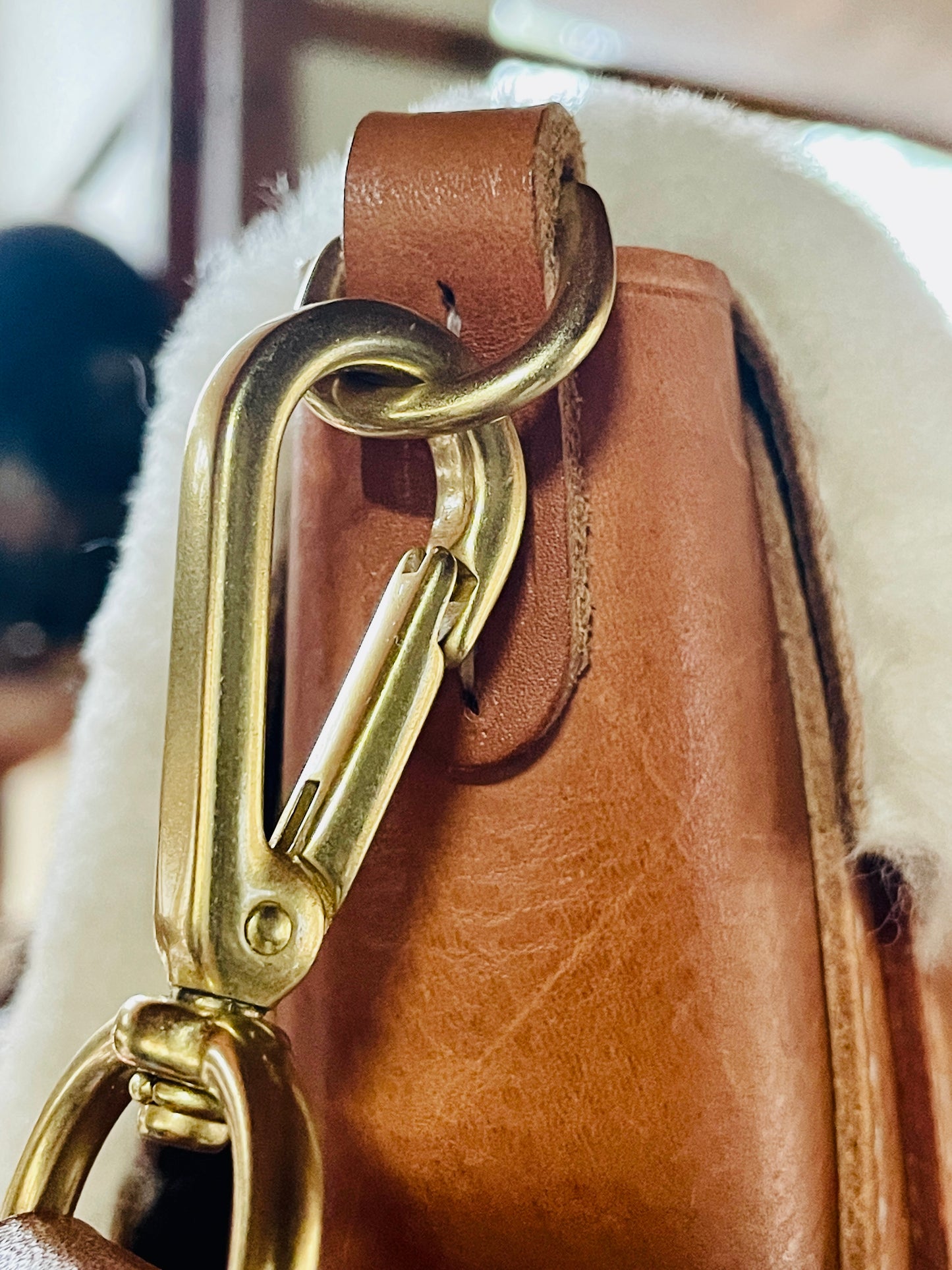 Eggli Shearling and Leather Messenger Tote w/Matching Adjustable 1" Strap w/Bridle Buckle. All Shiny Solid Brass.