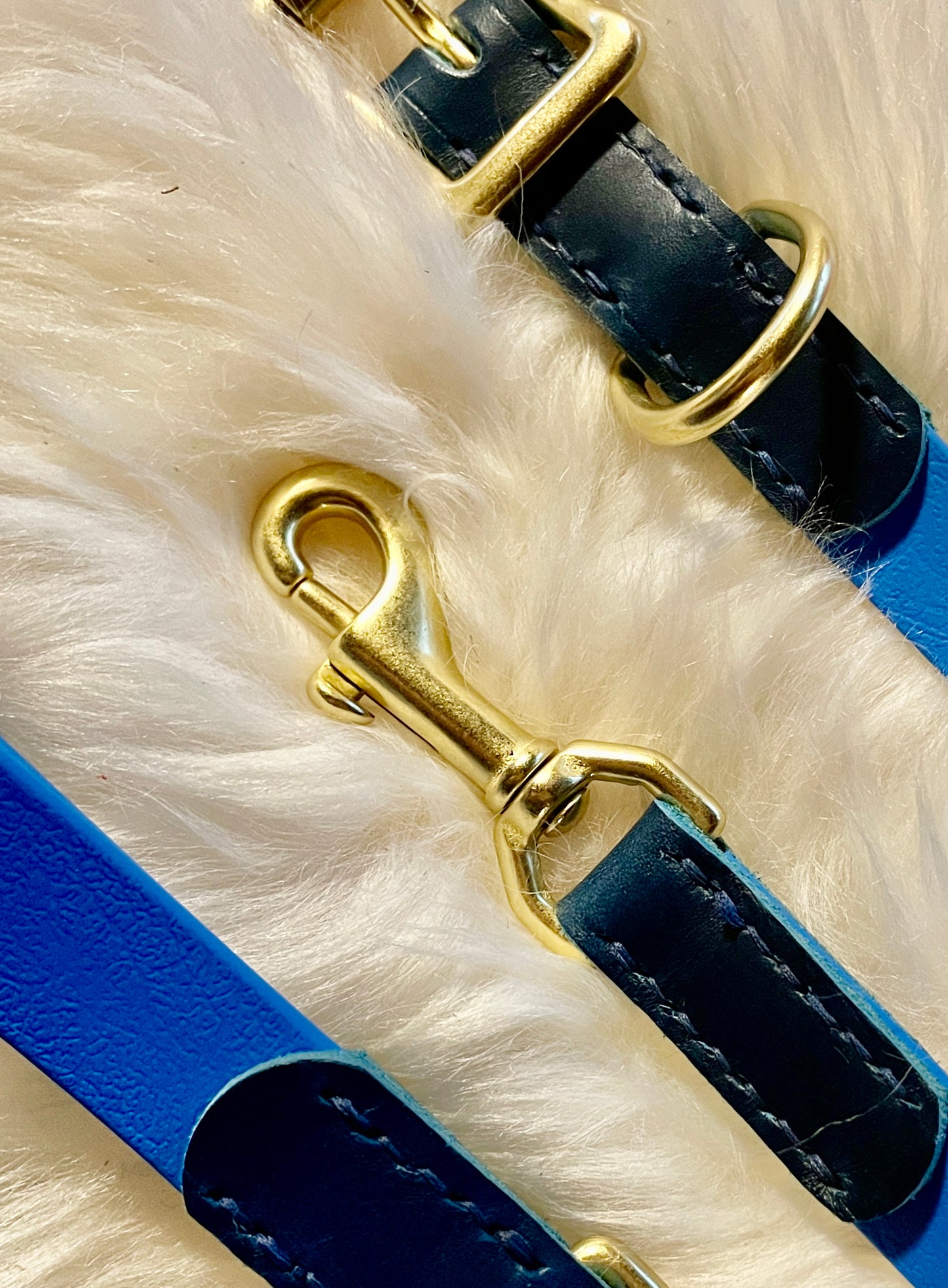 Leather and Biothane Weather Resistant 6'Leash, Two-Tone Blue Italian Leather and Blue Biothane Lead