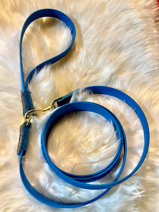 Leather and Biothane Weather Resistant 6'Leash, Two-Tone Blue Italian Leather and Blue Biothane Lead