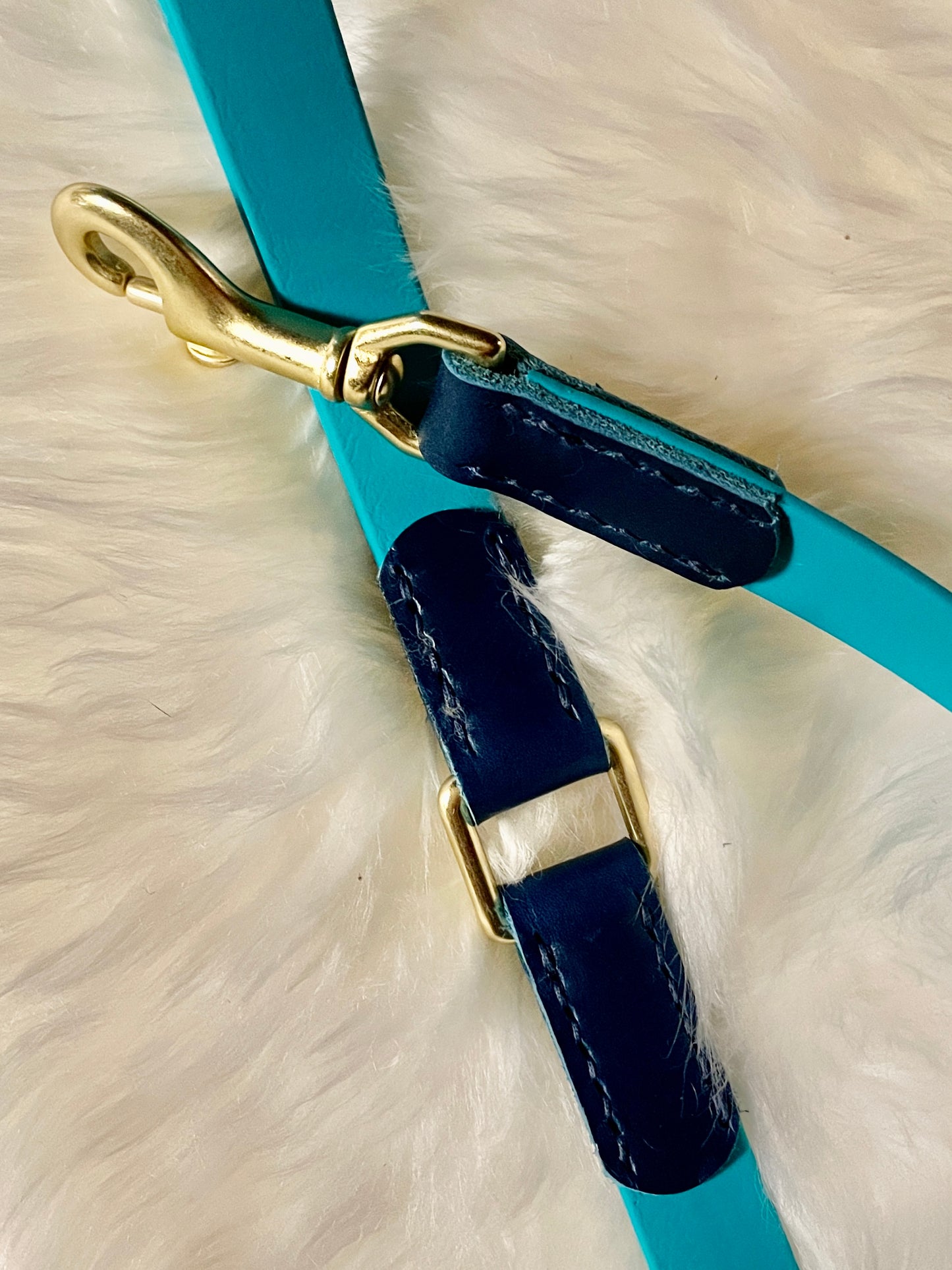 Leather and Biothane Weather Resistant 6' Leash, Two-Tone Blue Italian Leather and Tropical Green Biothane Lead