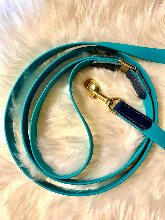 Leather and Biothane Weather Resistant 6' Leash, Two-Tone Blue Italian Leather and Tropical Green Biothane Lead