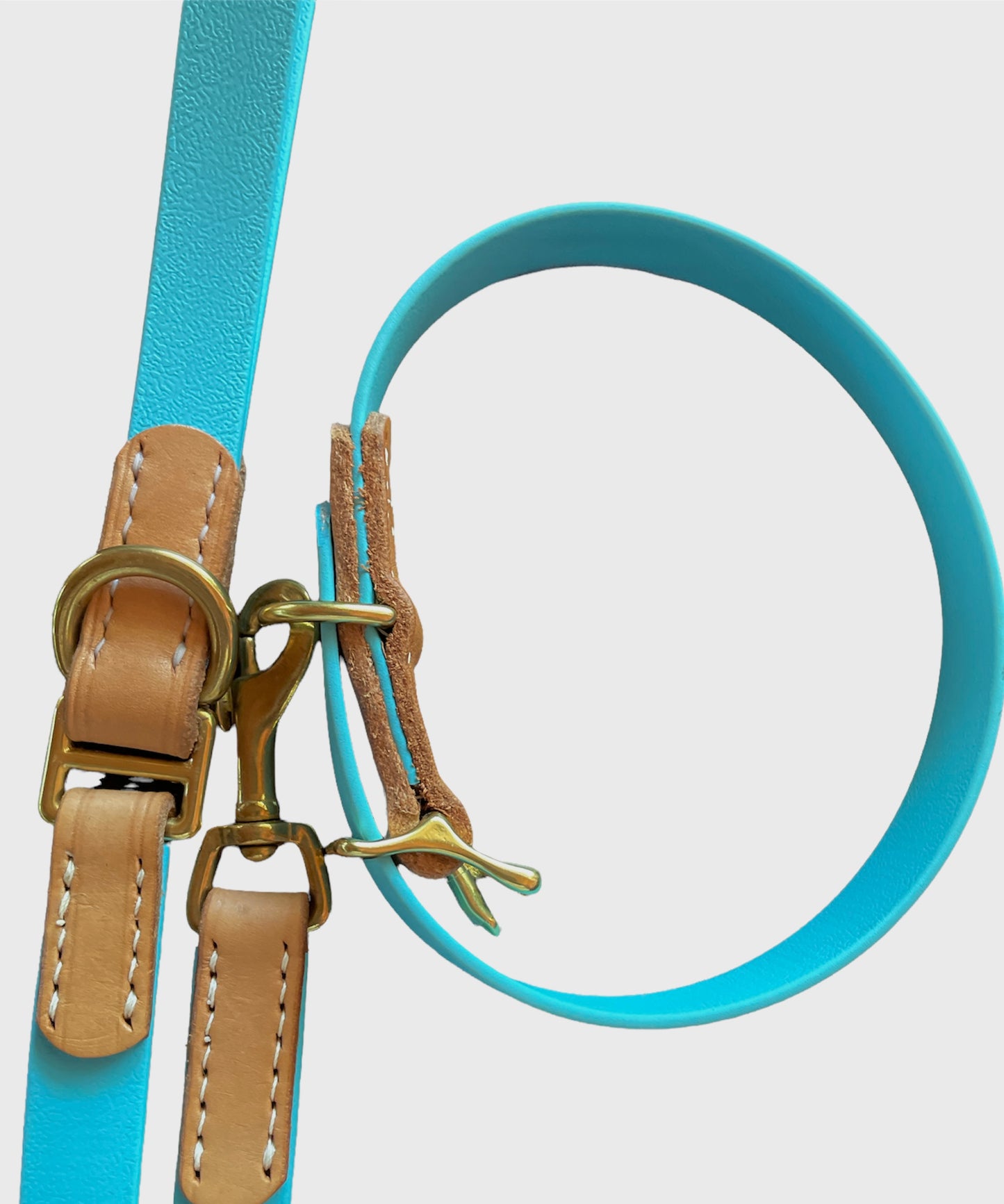 Sky Blue Biothane and Natural Veg-Tanned Leather 6' Leash w/Solid Brass D-ring and Swivel Bolt Snap