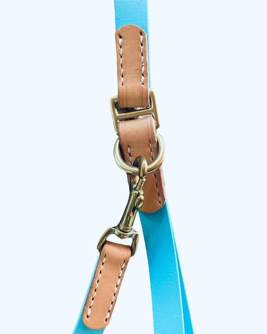 Sky Blue Biothane and Natural Veg-Tanned Leather 6' Leash w/Solid Brass D-ring and Swivel Bolt Snap